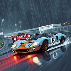 Prompt: A blue Ford GT40 in Gulf paint driving fast in front of a red Ferrari in  Le Mans at night in the rain