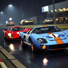 Prompt: A blue Ford GT40 in Gulf paint driving  in front of a red Ferrari in  Le Mans.