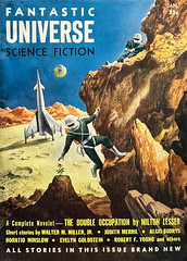 “Fantastic Universe,” January, 1955. Cover art by Alex Schomburg.  A spaceman reaches for a flower growing on the moon.