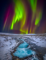 Solar Storm Aurora Bruarfoss Falls! Iceland Northern Lights KP6 KP7 Aurora Borealis Winter Ice Snow Fuji GFX100s Medium Format Fine Art Landscape Photography Van Gogh Iceland! Brúarfoss Elliot McGucken Master Fine Art Nature Photographer Fujifilm GFX 100s