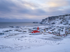 Winter Snow Vík í Mýrdal Church Town of Vik Iceland Beautiful Sunset Light Fuji GFX100s Medium Format Fine Art Landscape Photography IS ! Elliot McGucken Master Fine Art Nature Photographer Fujifilm GFX 100s & FUJIFILM GF Lens Red Roof White Walls!