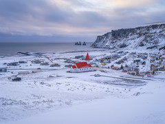 Winter Snow Vík í Mýrdal Church Town of Vik Iceland Beautiful Sunset Light Fuji GFX100s Medium Format Fine Art Landscape Photography IS ! Elliot McGucken Master Fine Art Nature Photographer Fujifilm GFX 100s & FUJIFILM GF Lens Red Roof White Walls!