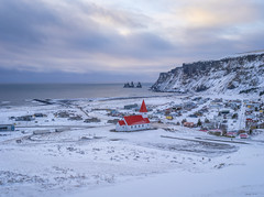 Winter Snow Vík í Mýrdal Church Town of Vik Iceland Beautiful Sunset Light Fuji GFX100s Medium Format Fine Art Landscape Photography IS ! Elliot McGucken Master Fine Art Nature Photographer Fujifilm GFX 100s & FUJIFILM GF Lens Red Roof White Walls!