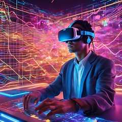 A metaverse user wearing VR goggles, interacting with a virtual crypto trading desk.