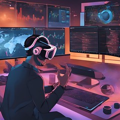 A metaverse user wearing VR goggles, interacting with a virtual crypto trading desk.