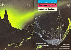 “The Magazine of Fantasy and Science Fiction,” August, 1954.  Wraparound cover by Mel Hunter. “Exploring a green star system.”