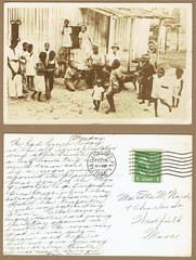 Children playing and dancing outside dwelling at Lewis Plantation, Brooksville, Florida; includes transcription of 1946 message regarding tour of plantation