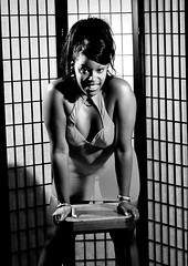 Isha African American Model in Pink Sheer Mesh Tankini Set PVC Halter Top and Deep V-Cut Bikini Bottoms Artistic Portrait Photoshoot Philly Studio Philadelphia B&W June 15 1997 053