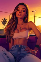 A beautiful woman with long brown hair, wearing a white crop top and blue jeans, sits in a car with a sunset background.