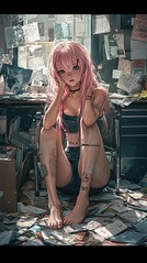 A young woman with pink hair sits on a chair in a messy room, looking forlorn.