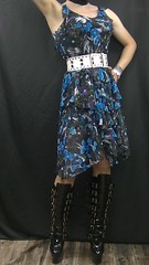 Black and Blue flower dress, wide white studded leather belt, black patent high-heeled boots (03)