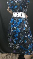 Black and Blue flower dress, wide white studded leather belt, black patent high-heeled boots (05)