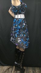 Black and Blue flower dress, wide white studded leather belt, black patent high-heeled boots (02)