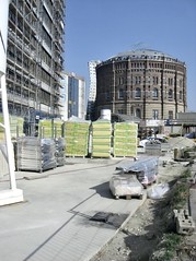 Gasometer The Gasometers in Vienna old industrial building repurposed for new functions and a construction site with scaffolding and workers equipment (documenting Wien Österreich, Simmering bezirk 11) Europe architecture photography