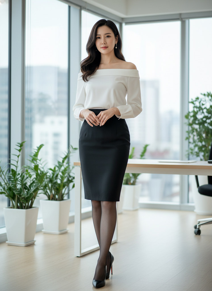 elegant Asian woman standing in a modern bright office with large windows