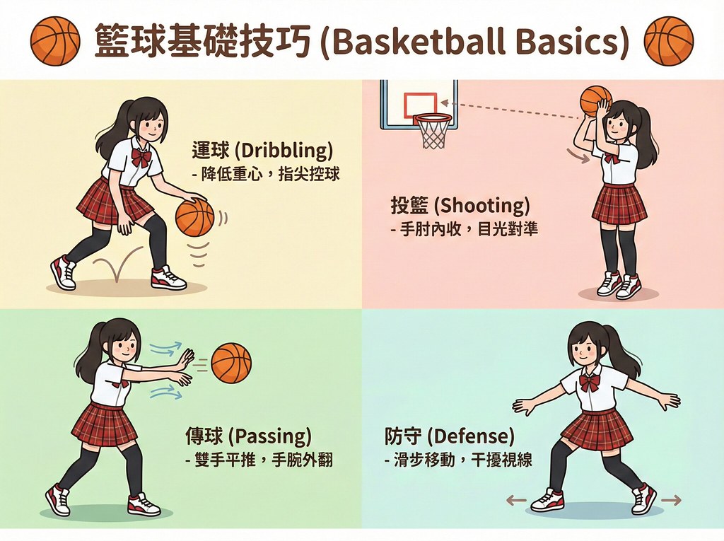 可愛扁平化插畫風格藍球基礎技巧