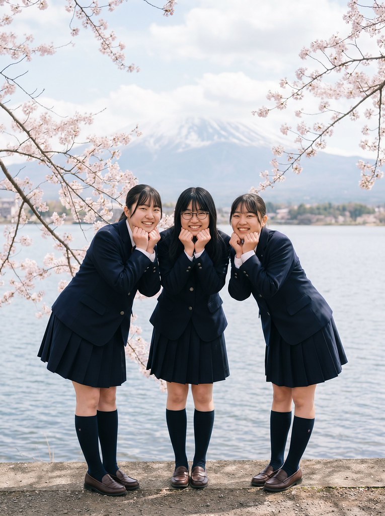 three Japanese young women in school uniforms posing together by a lake with Mount Fuji in the background