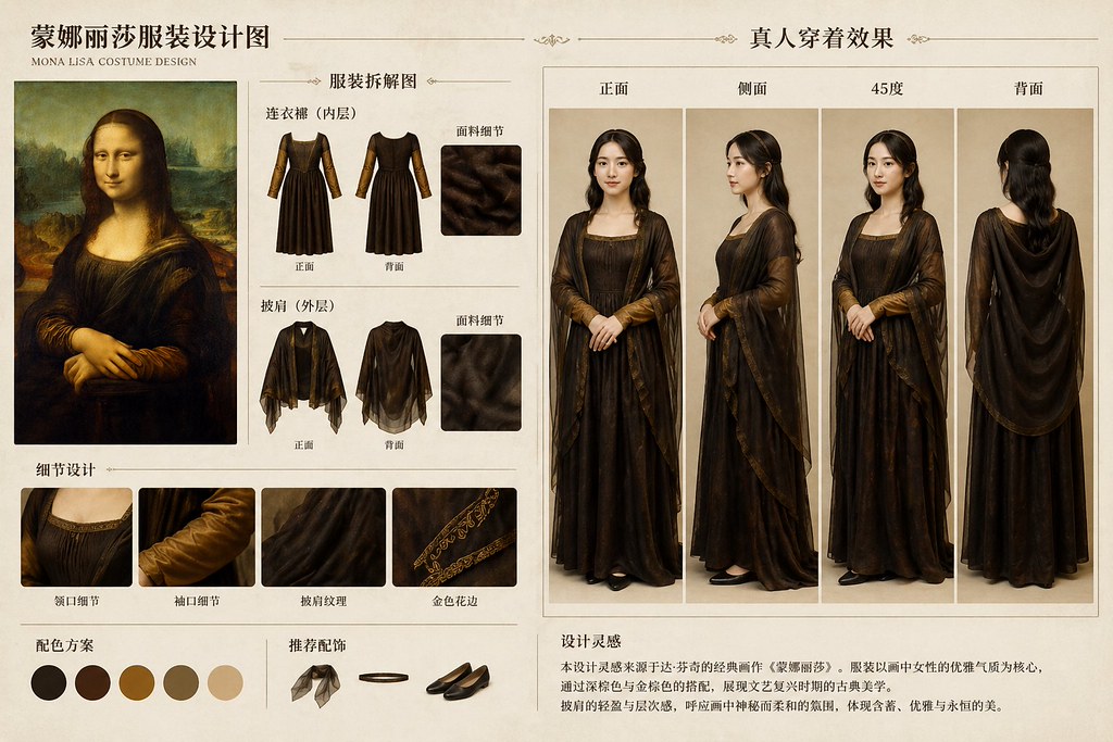 拆解世界名画，生成服装设计图和穿搭效果演示