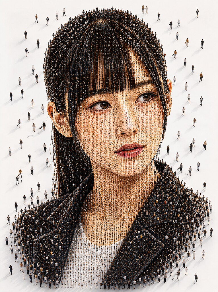 a hyper-detailed surreal portrait of the uploaded person, where the entire portrait is constructed from thousands of tiny human figures standing closely together